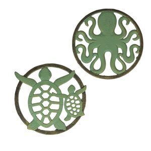 Cast Iron Trivet Set: Nautical Octopus & Sea Turtle Design, Verdigris Finish